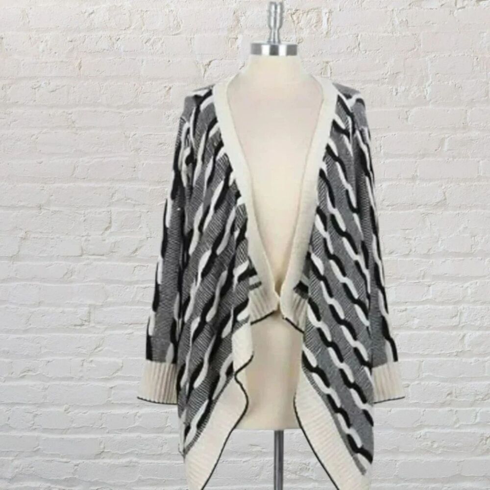 36 Point 5 Braided Knit Waterfall Cardigan OS Black Cream Cozy Layer